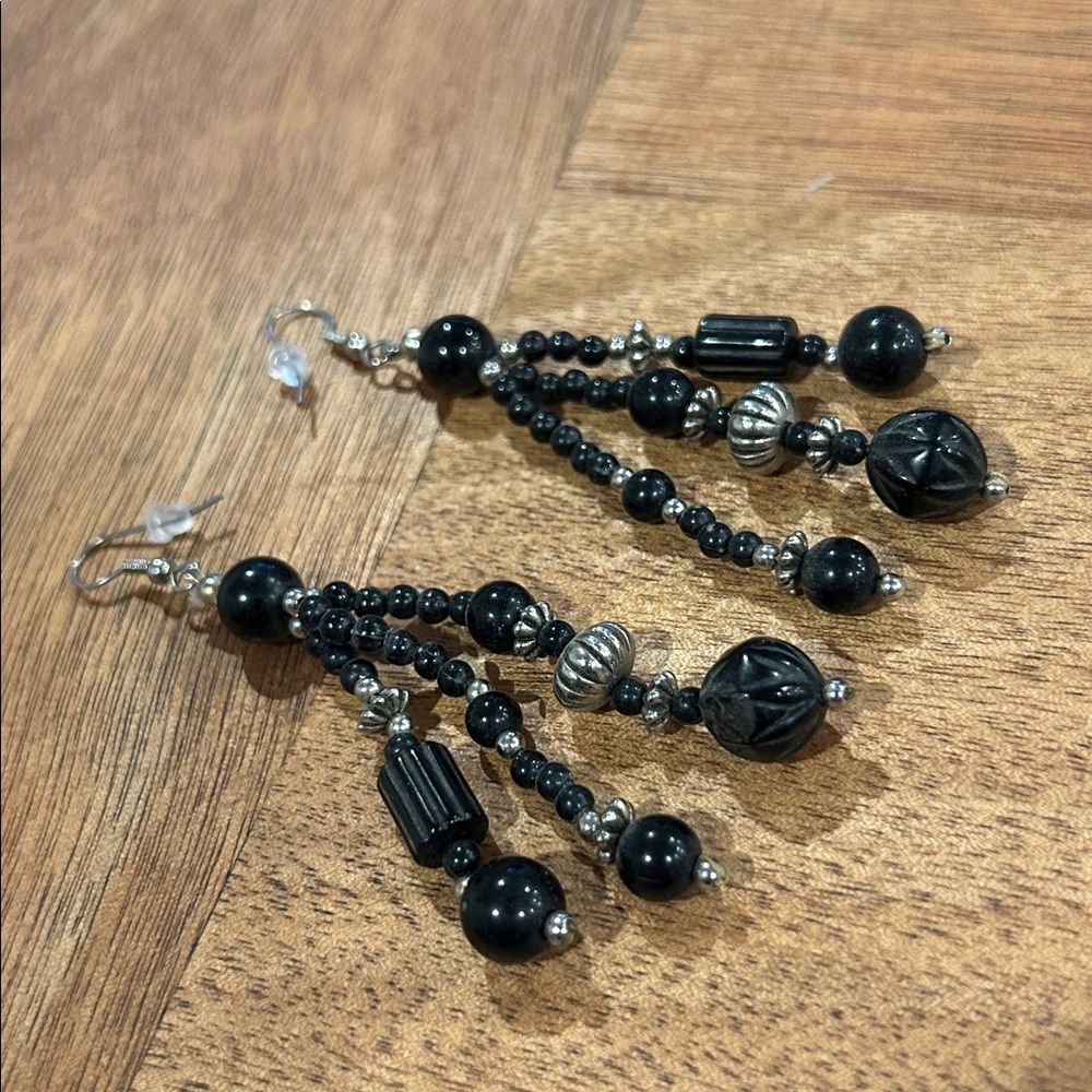 Black Beaded Vintage 3” Dangle Drop Hook Silver Earrings